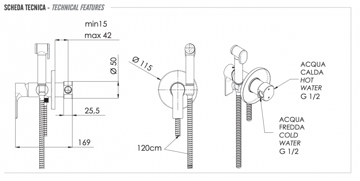 Remer Energy Гигиенический душ со смесителем, шланг, с встраиваемой частью, цвет: nichel spazzolato EY65WNP