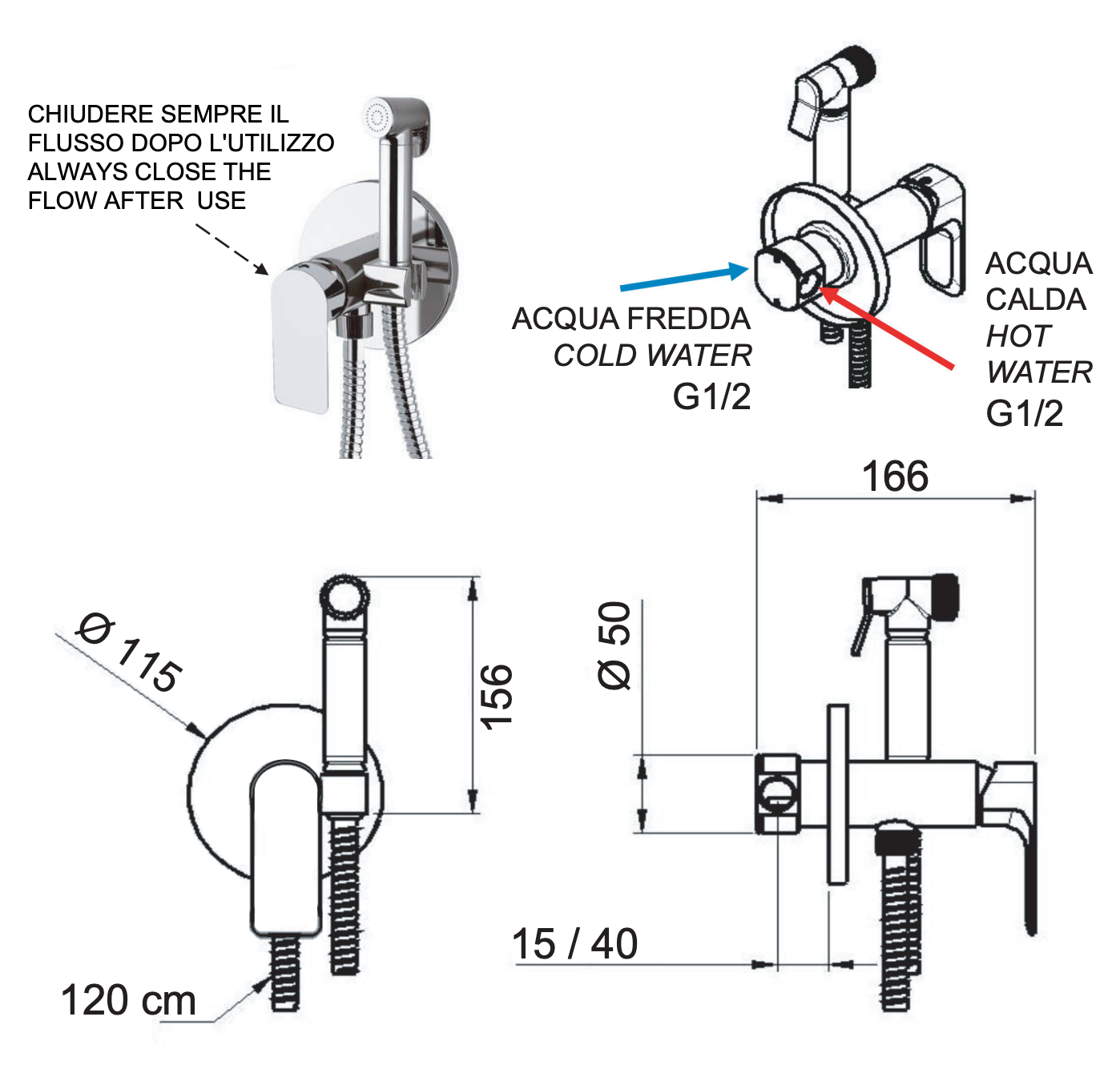 Remer Infinity Гигиенический душ со смесителем, шланг, с встраиваемой частью, цвет: nero opaco I65WNO