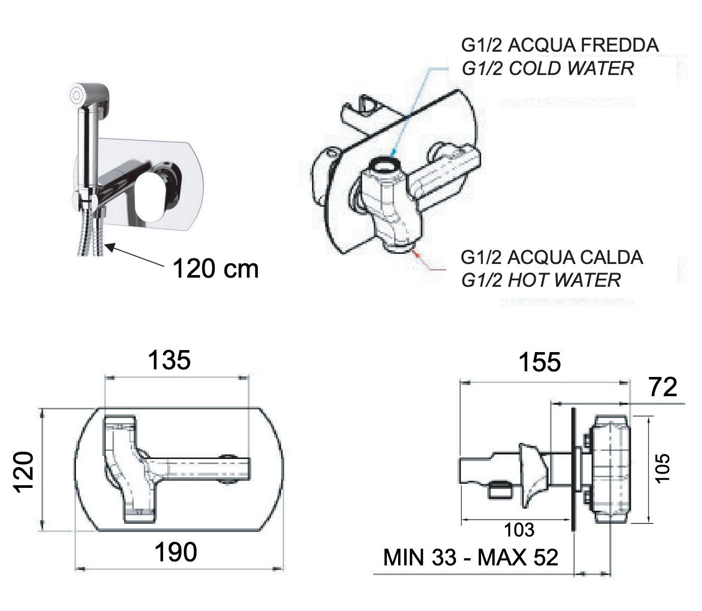 Remer Vanity Гигиенический душ со смесителем, шланг 120 см, с встраиваемой частью, цвет: cromo V60W