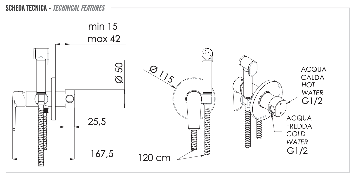 Remer Vanity Гигиенический душ со смесителем, шланг 120 см, с встраиваемой частью, цвет: cromo V65W