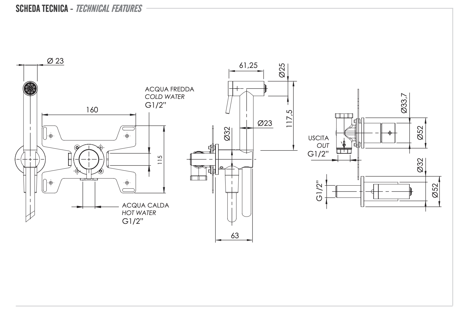 Remer X Style Inox Гигиенический душ со смесителем, с встраиваемой частью, цвет: inox spazzolato SSX60P