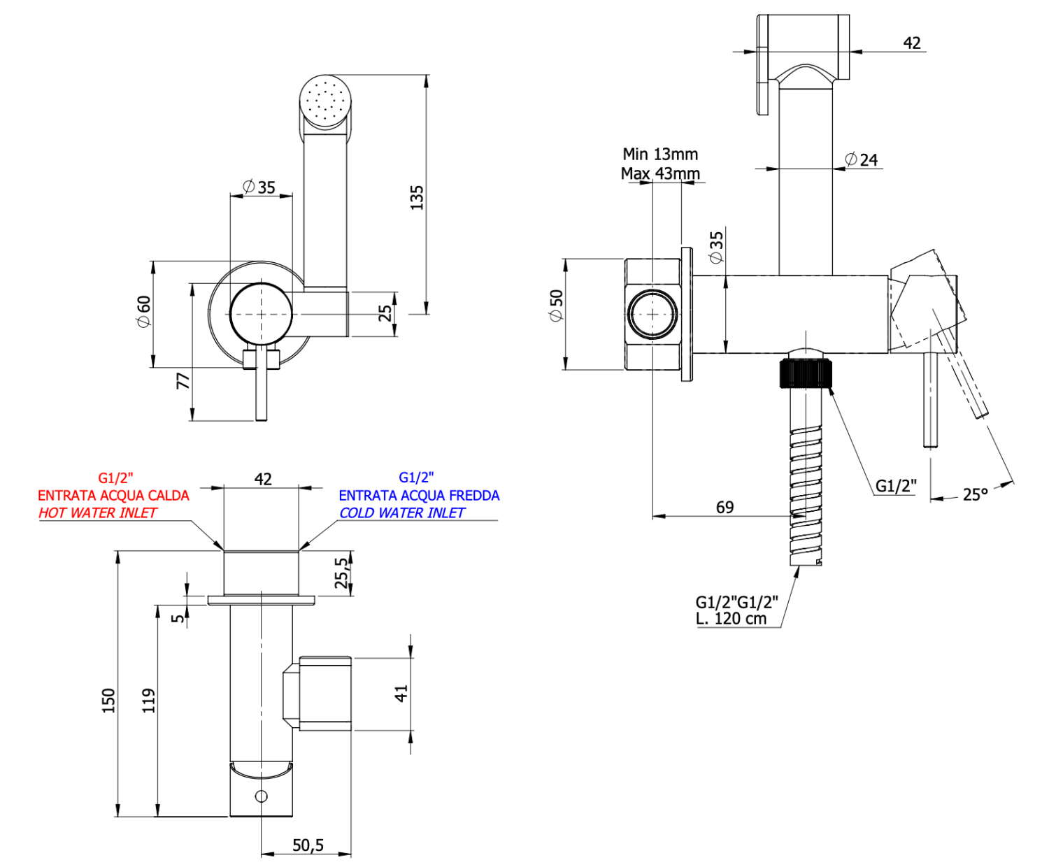 Remer X Style Гигиенический душ со смесителем, шланг 120 см, с встраиваемой частью, цвет: cromo X65C25W