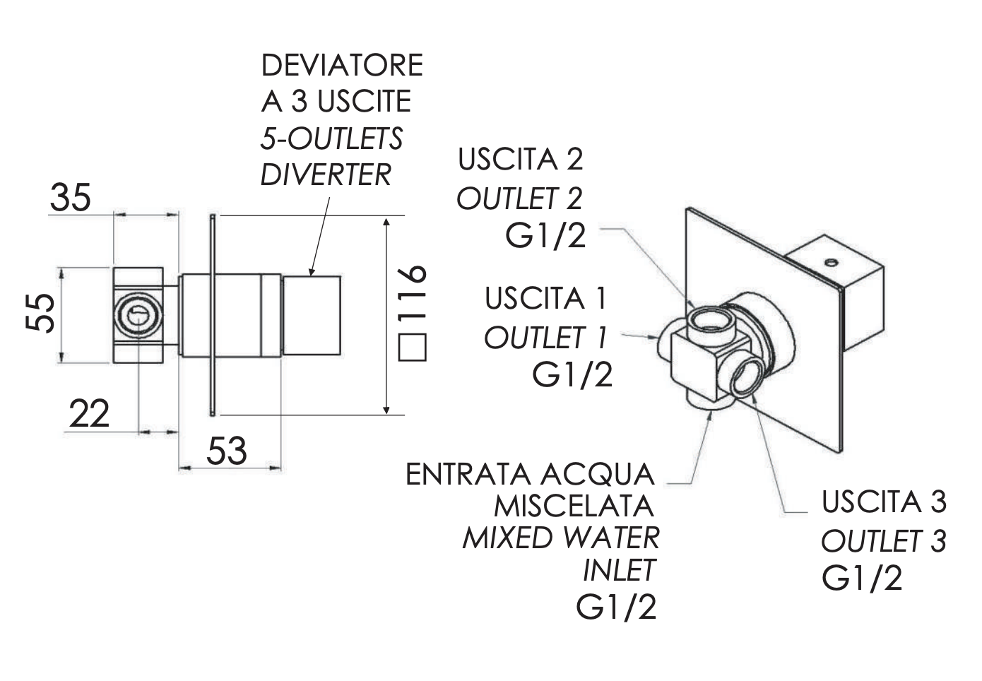 Remer Qubika Переключатель потоков на 3 выхода, с внутренней частью, цвет: nero opaco Q93DEV3NO
