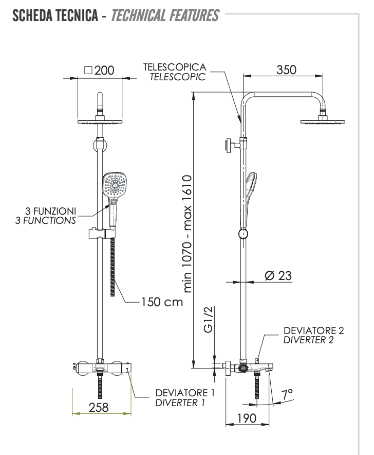 Remer Infinity Душевая стойка: смеситель, верхний душ 20 см, лейка, штанга 161 см, цвет: cromo I34A8CPAD20