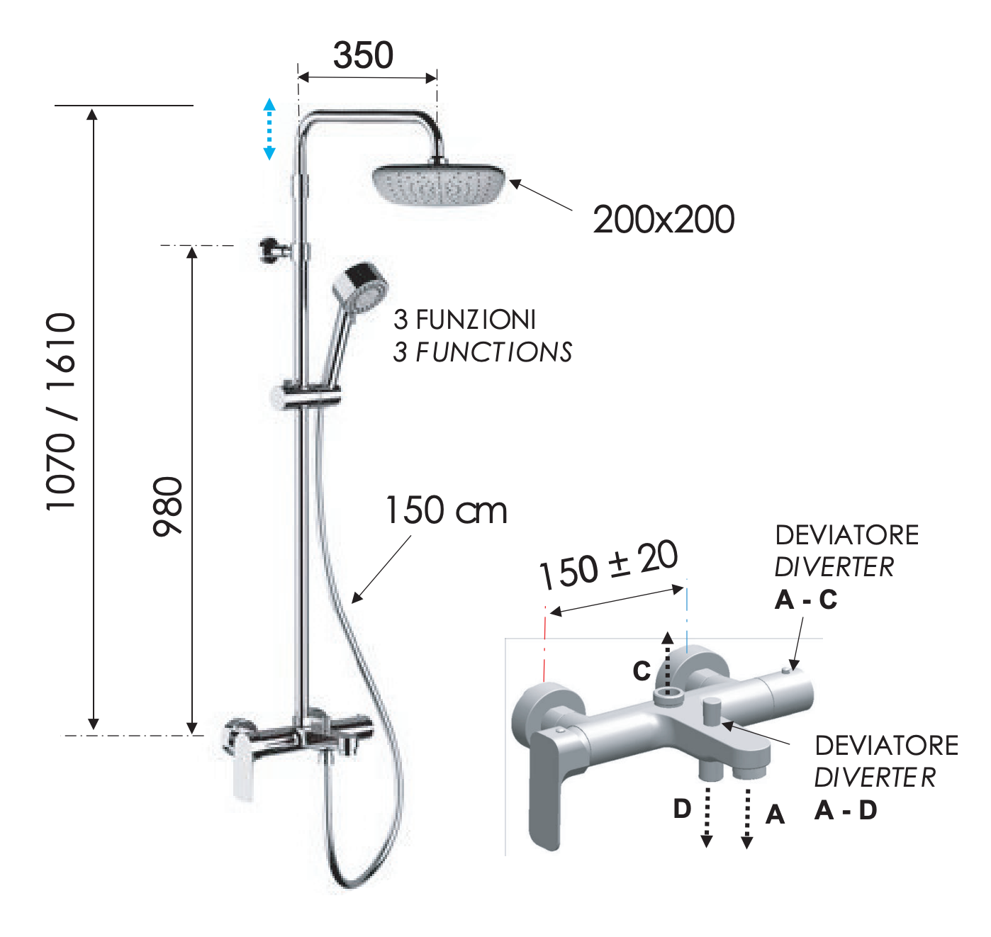 Remer Infinity Душевая стойка: смеситель, верхний душ 20 см, лейка, штанга 161 см, цвет: cromo I34AAD20