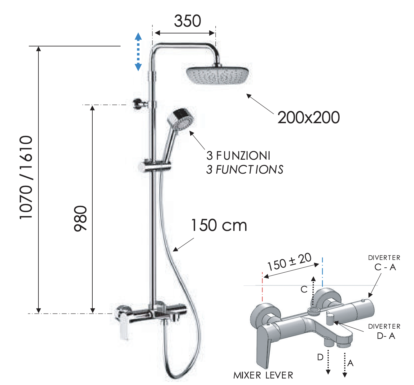 Remer Dream Душевая стойка: смеситель, верхний душ 20 см, лейка, штанга 161 см, шланг, цвет: cromo D34AAD20