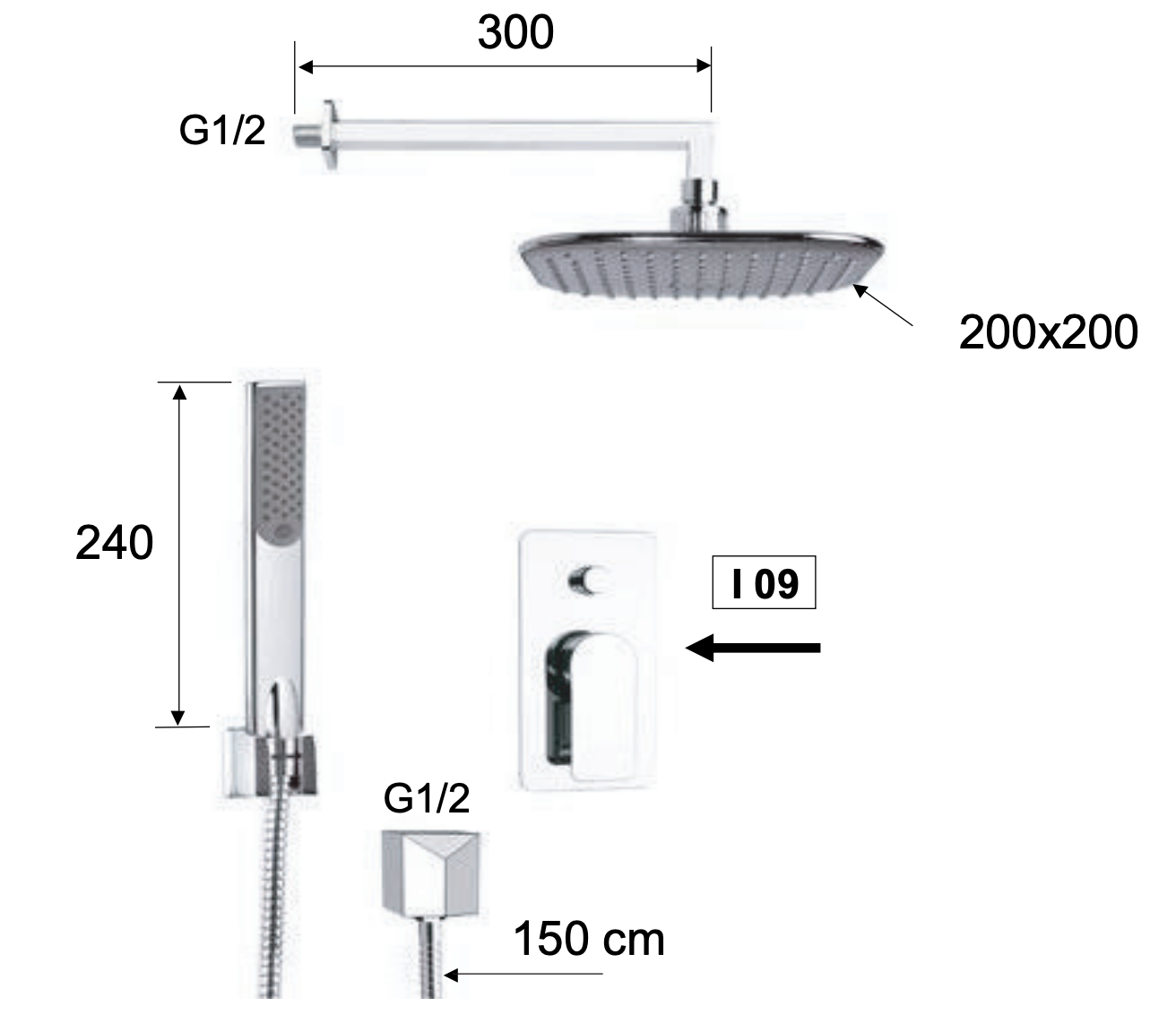 Remer Infinity Душевой комплект: смеситель, верхний душ 20 см, лейка, держатель, шланг, цвет: cromo i09S02