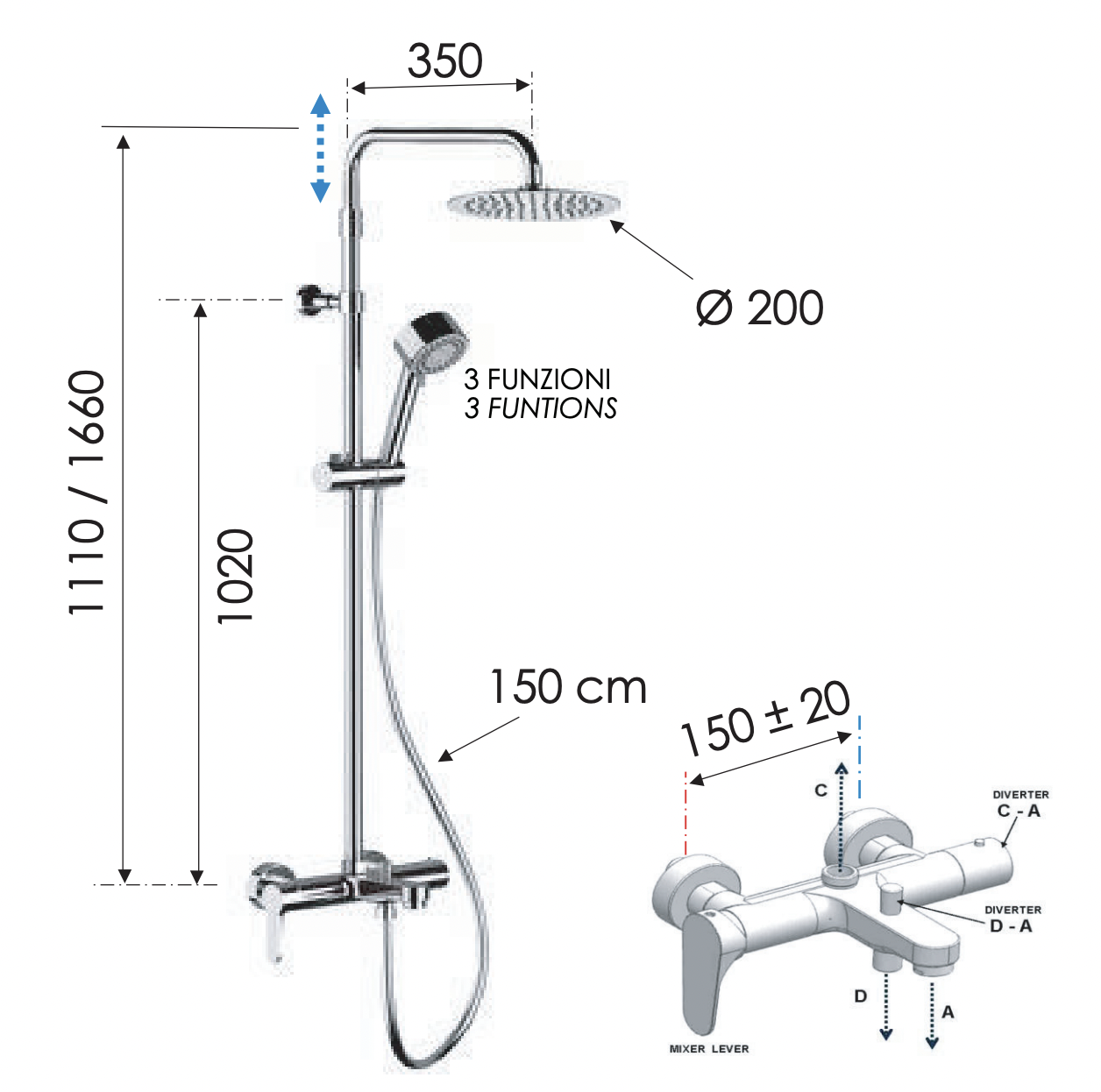 Remer Winner Душевая стойка: смеситель, верхний душ 20 см, лейка, штанга 166 см, шланг, цвет: cromo W34AUFM20