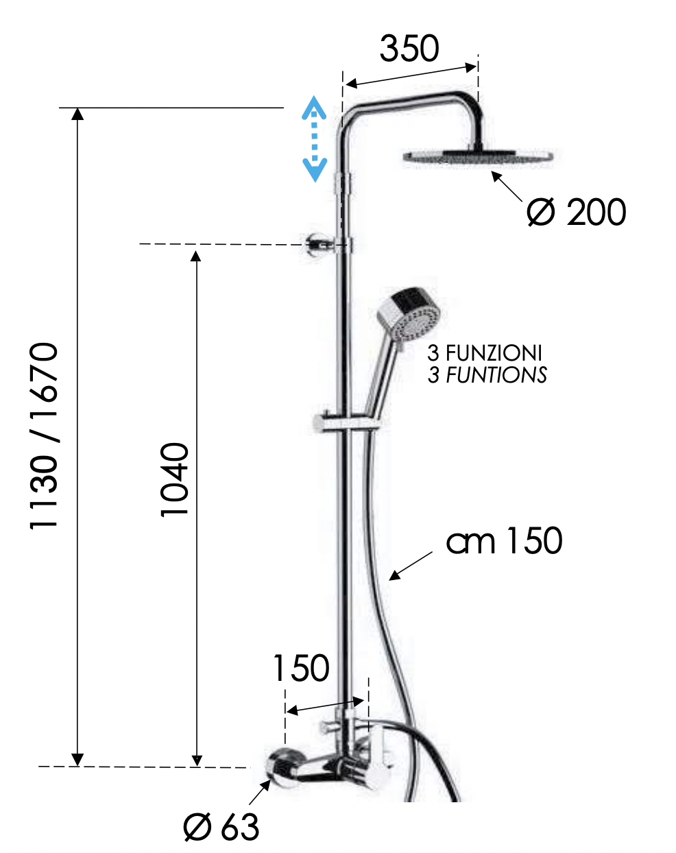 Remer Winner Душевая стойка: смеситель, верхний душ 20 см, лейка, штанга 167 см, шланг, цвет: cromo W37AMD20
