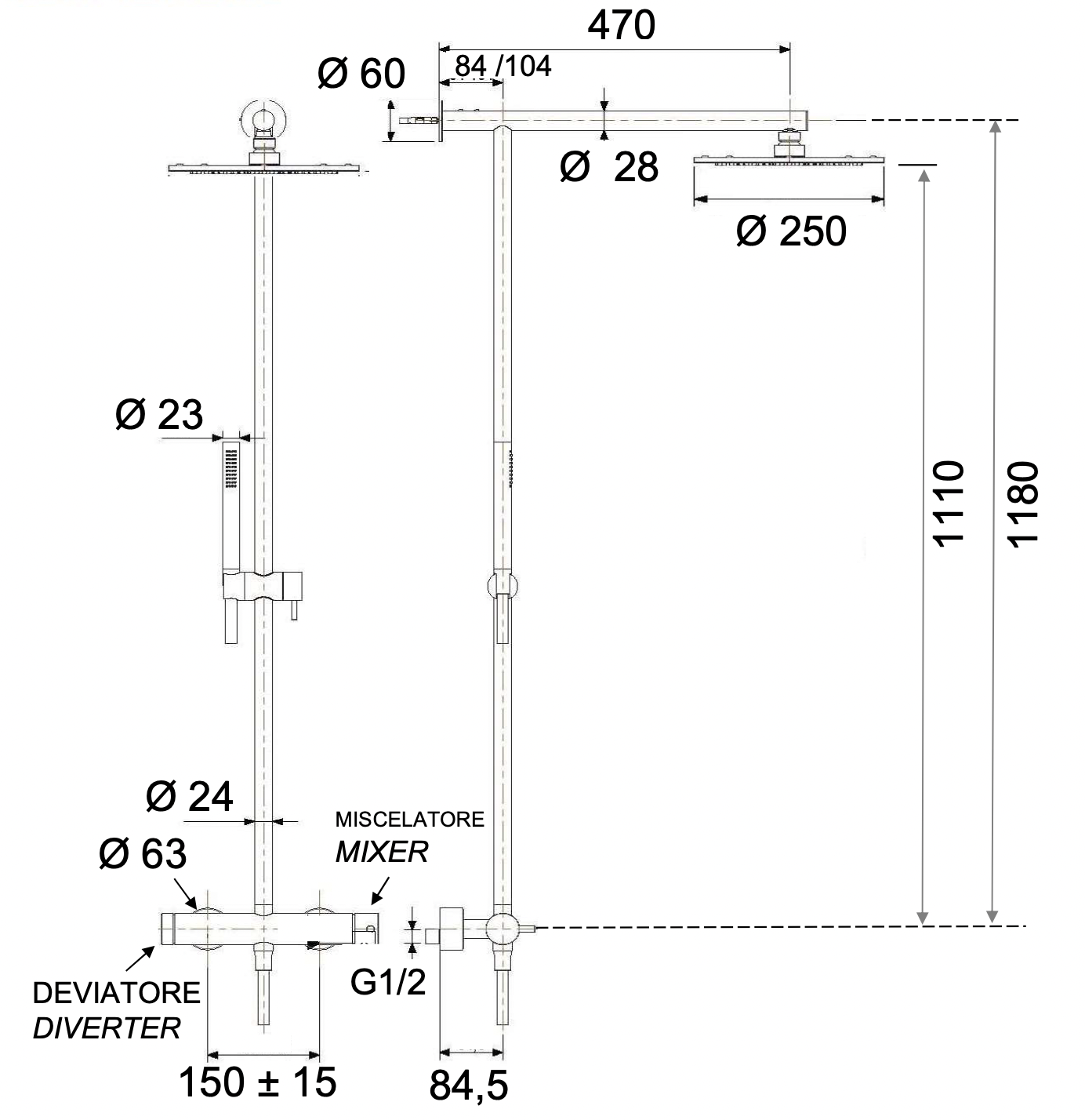 Remer X Style Inox Душевая стойка: смеситель, верхний душ, штанга 118 см, цвет: inox spazzolato SSX37UFM25