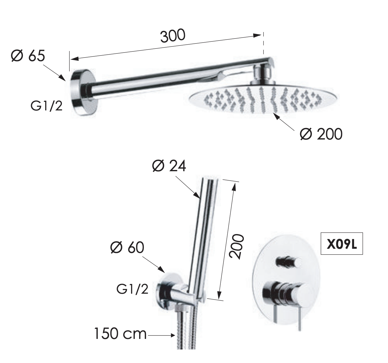 Remer X Style Душевой комплект: смеситель, верхний душ 20 см, лейка 1 режим, шланг, цвет: cromo X09S02