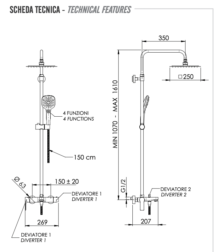 Remer Energy Душевая стойка: смеситель, верхний душ 25 см, лейка, штанга 161 см, шланг, цвет: cromo EY34A8CPUFD25G