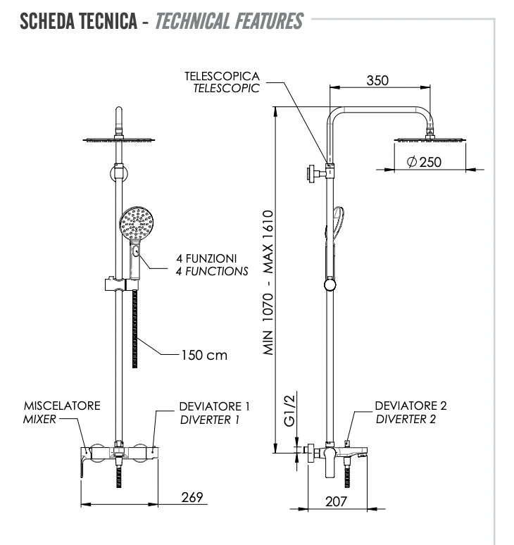 Remer Energy Душевая стойка: смеситель, верхний душ 25 см, лейка, штанга 161 см, шланг, цвет: cromo EY34A8MPUFM25G