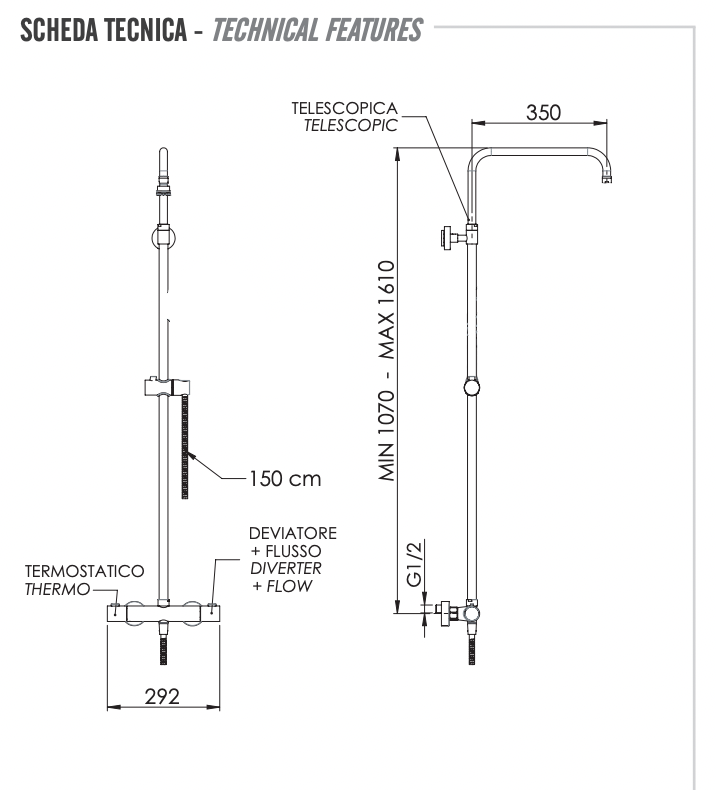 Remer Elegance Душевая стойка: термостат, штанга 161 см, шланг 150 см, цвет: oro spazzolato EQ32ASSDBG