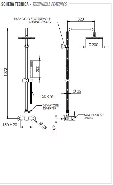 Remer Elegance Душевая стойка: термостат, штанга 161 см, шланг 150 см, цвет: rame lucido EQ32ASSDRL