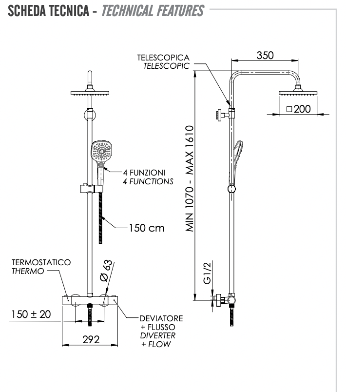Remer Elegance Душевая стойка: термостат, верхний душ 20 см, лейка, штанга 161 см, цвет: cromo EQ32A8CPSD20