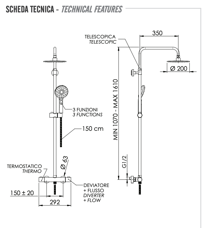 Remer Elegance Душевая стойка: термостат, верхний душ 20 см, лейка, штанга 161 см, цвет: cromo EQ32A8MPMD20