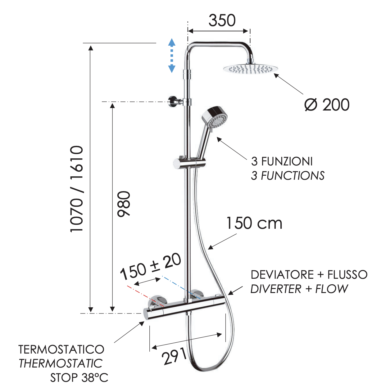 Remer Elegance Душевая стойка: термостат, верхний душ 20 см, лейка, штанга 161 см, цвет: cromo EQ32AUFM20