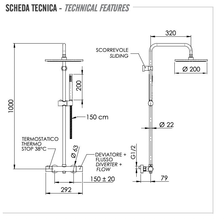 Remer Elegance Душевая стойка: термостат, верхний душ 20 см, лейка, штанга 100 см, цвет: oro lucido EQ32X7MMM20DO