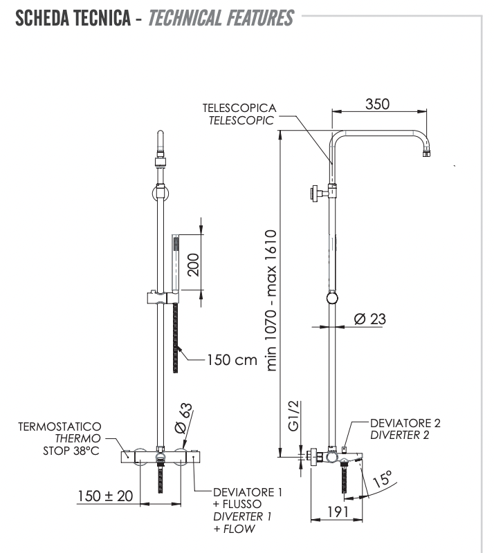 Remer Elegance Душевая стойка: термостат, лейка 1 режим, шланг, цвет: cromo nero spazzolato EQ34A7MMSSOFCFP