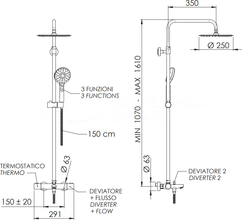 Remer Elegance Душевая стойка: термостат, верхний душ 25 см, лейка, штанга 161 см, цвет: cromo EQ34A8MPUFM25