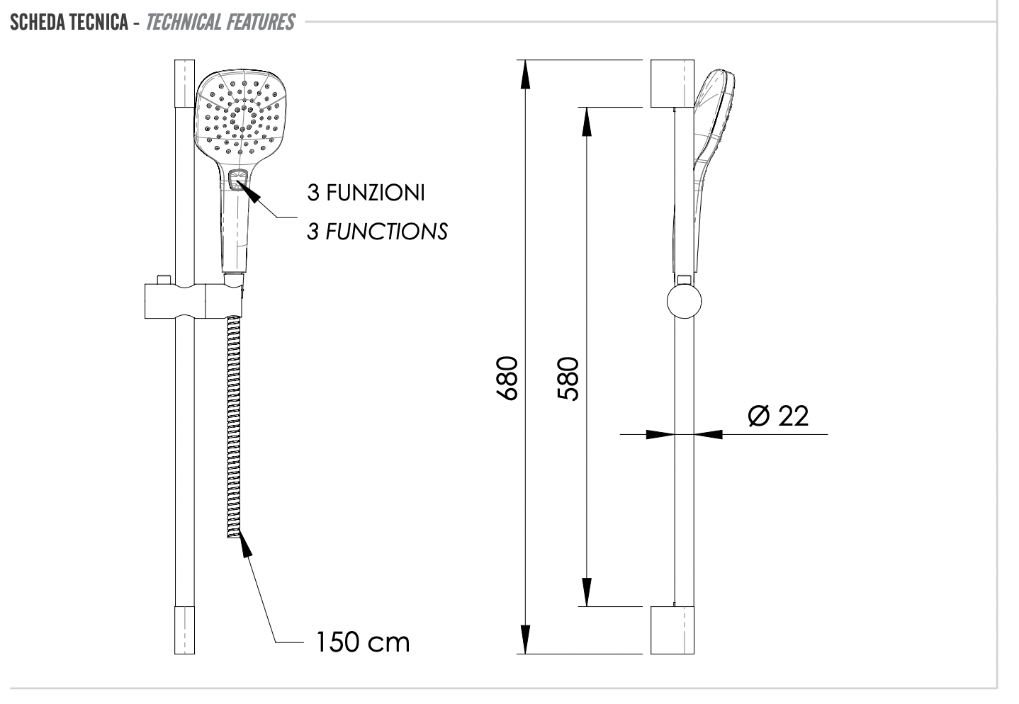 Remer Душевой гарнитур: душевая лейка 3 вида струи, штанга 68 см, шланг 150 см, цвет: cromo 315L318CP