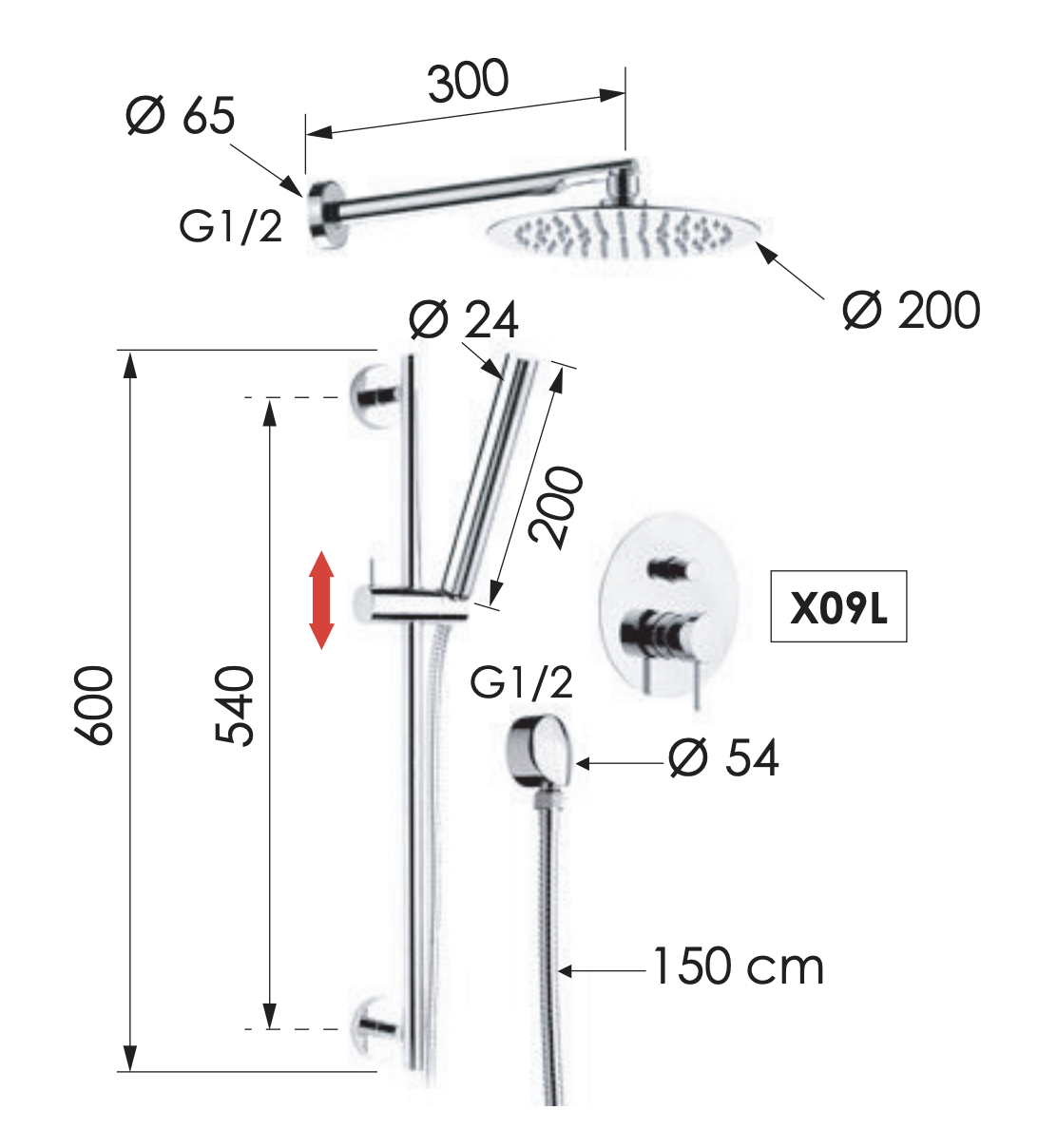 Remer X Style Душевой комплект: смеситель, верхний душ 20 см, лейка, штанга 60 см, цвет: cromo X09S01