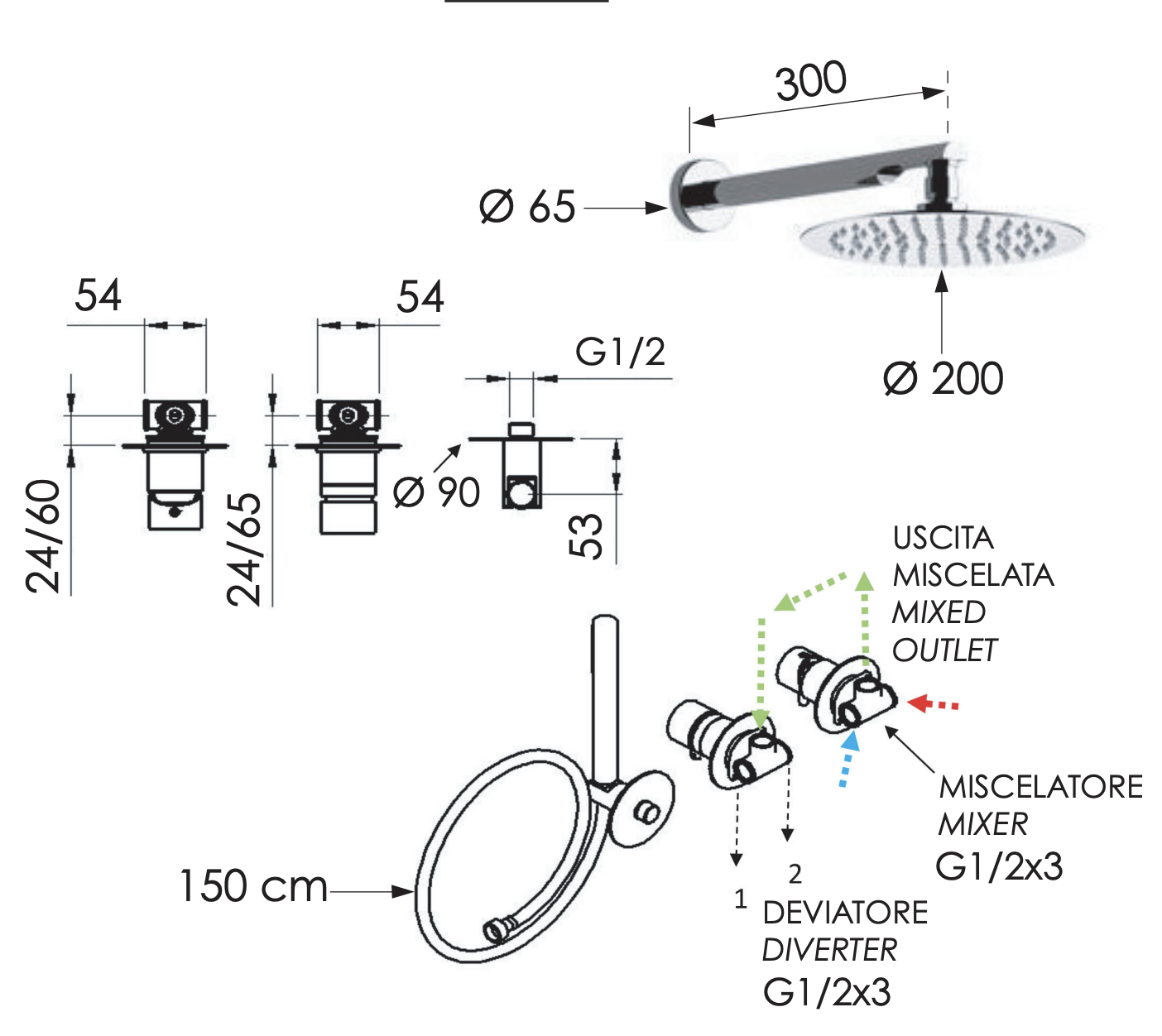 Remer X Style Душевой комплект: смеситель, верхний душ 20 см, лейка 1 режим, шланг, цвет: cromo X96S02