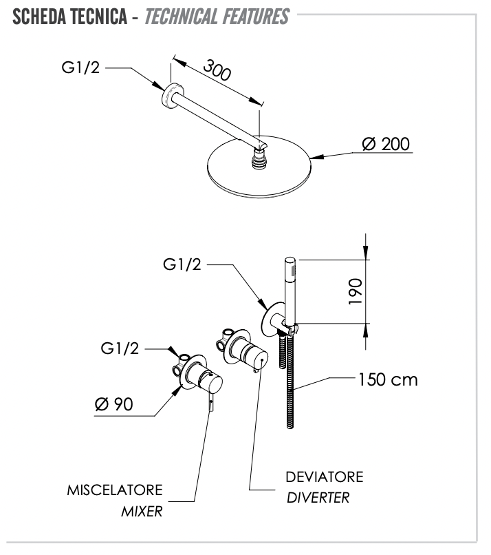 Remer X Style Душевой комплект: смеситель, верхний душ 20 см, лейка, шланг, цвет: oro spazzolato X96S02OBG