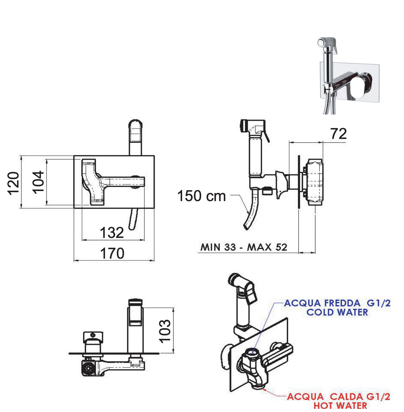 Remer Dream Гигиенический душ со смесителем, шланг 120 см, с встраиваемой частью, цвет: cromo D60