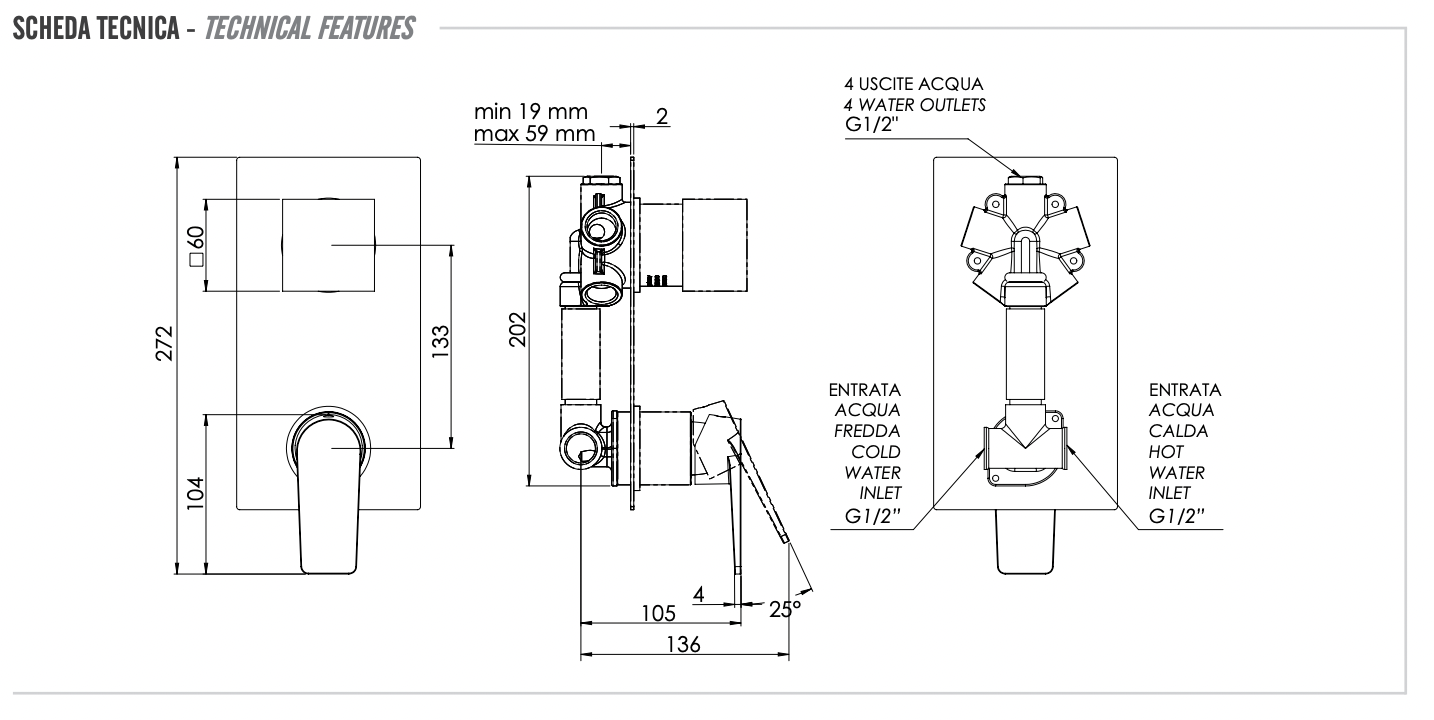 Remer Dream Смеситель для ванны встраиваемый на 4 потребителя, с встраиваемой частью, цвет: cromo D94