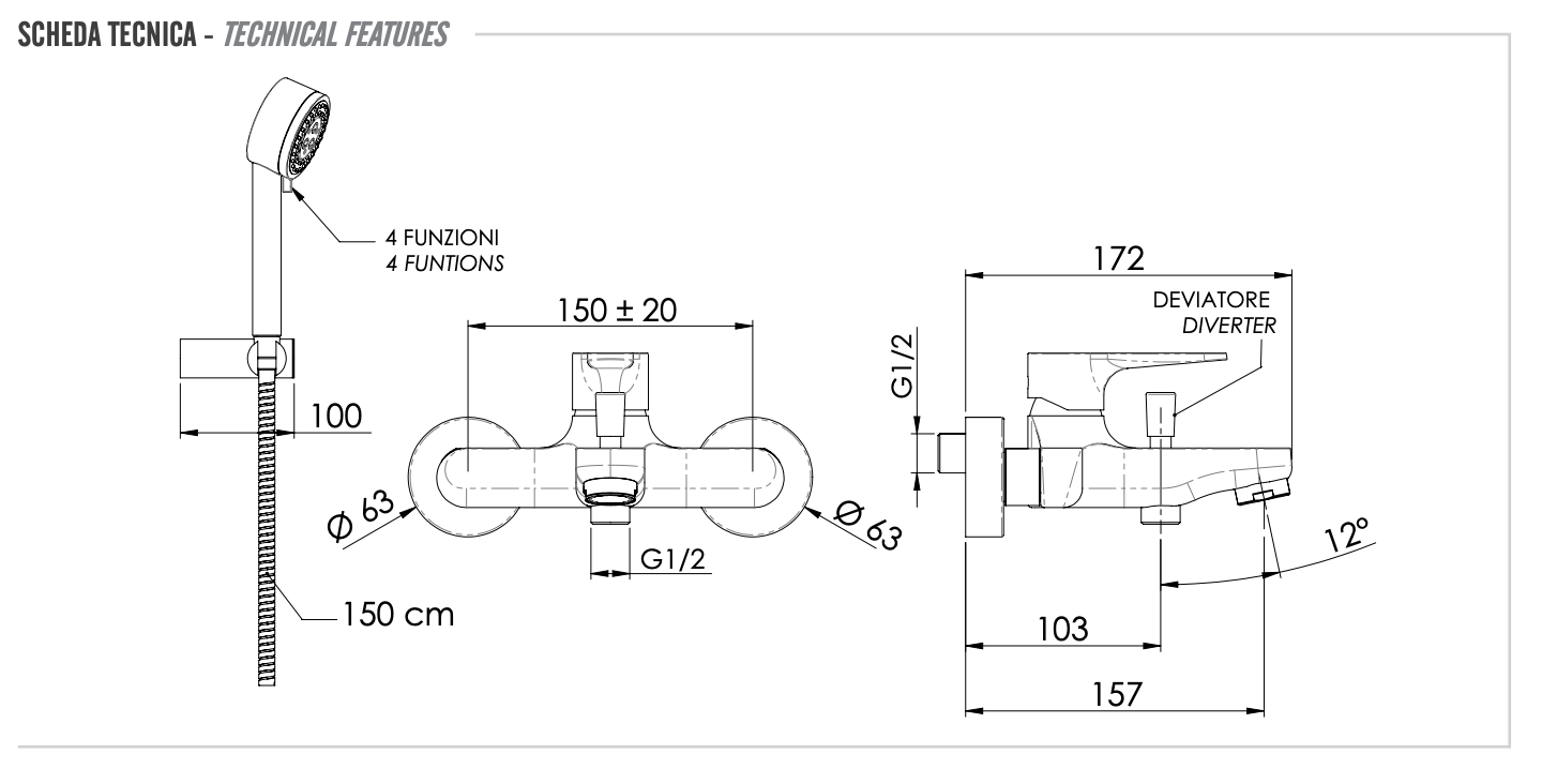 Remer Winner Смеситель для ванны с душем, лейка 4 вида струи, держатель, шланг 150 см, цвет: cromo W02