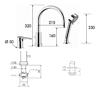 Remer Winner Смеситель на борт ванны, излив 21,5 см, лейка 4 вида струи, шланг 150 см, цвет: cromo W07