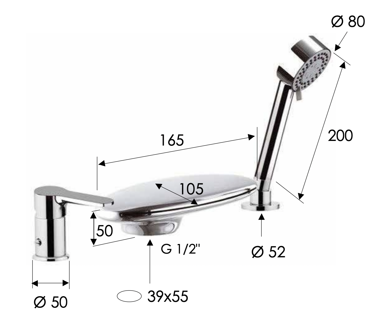 Remer Winner Смеситель на борт ванны, каскадный излив, лейка 4 вида струи, шланг 150 см, цвет: cromo W07UF