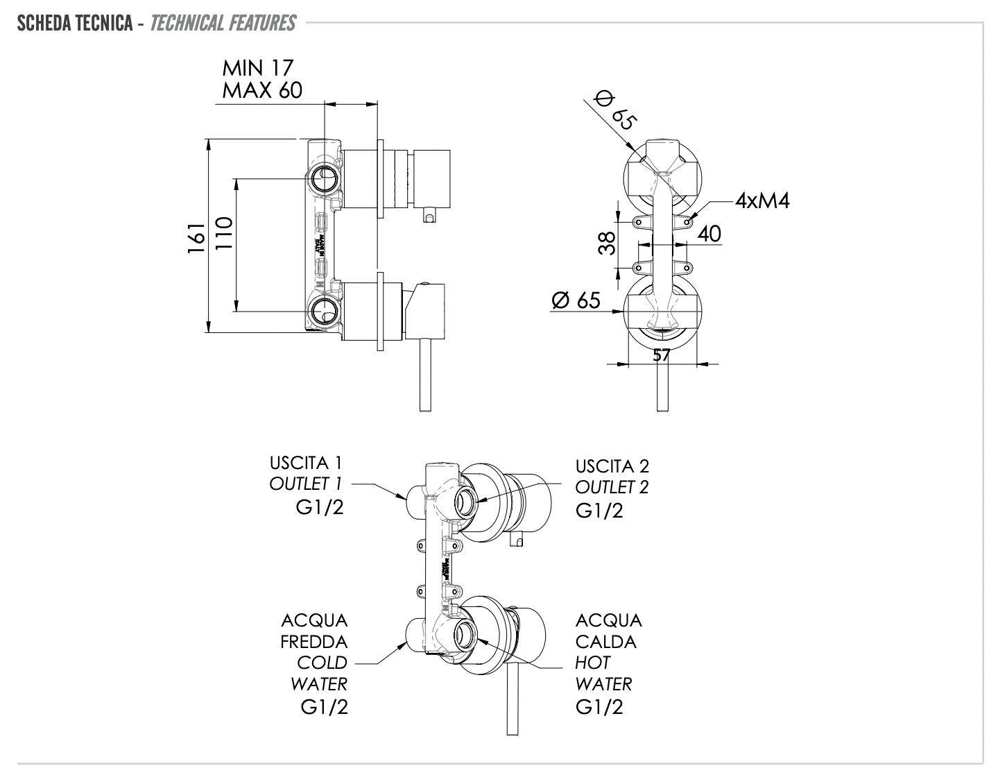 Remer X Style Inox Смеситель для ванны встраиваемый, 2 потребителя, цвет: inox spazzolato SSX92P