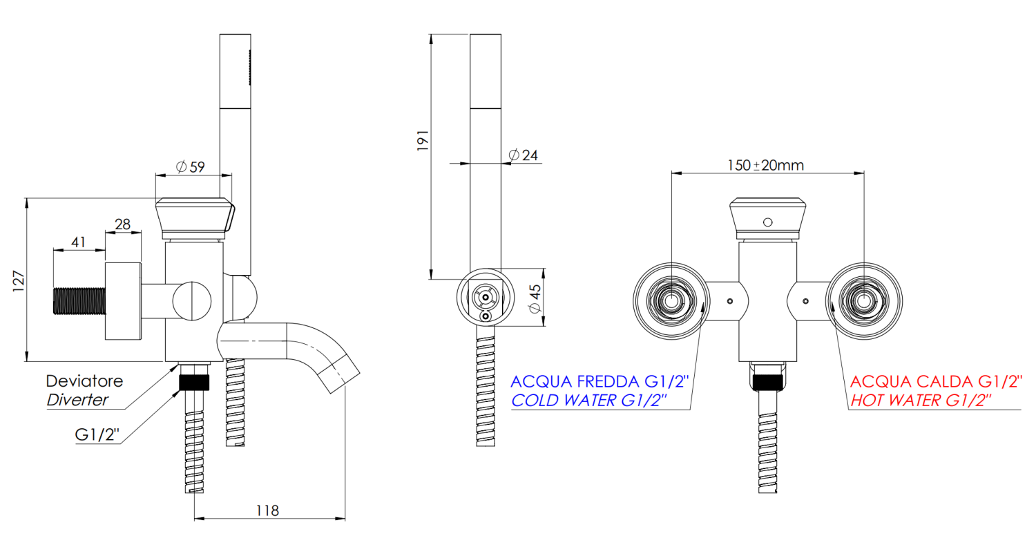 Remer Element Смеситель для ванны с душем, лейка, держатель, шланг 150 см, цвет: cromo ET02