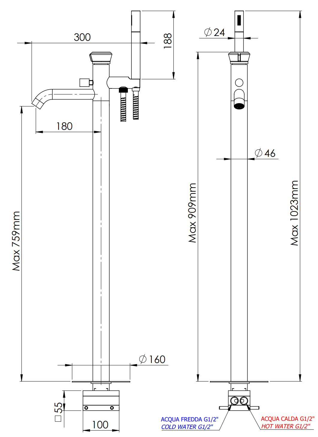 Remer Element Смеситель для ванны напольный, излив 18 см, со скрытой частью, цвет: oro spazzolato ET08BG