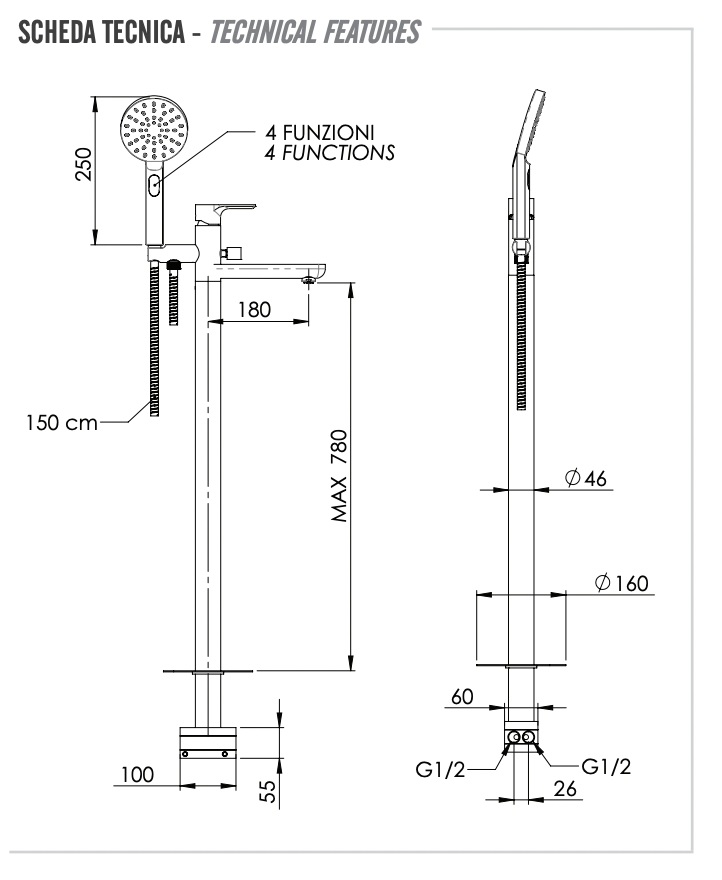 Remer Energy Смеситель для ванны напольный, излив 18 см, со скрытой частью, цвет: nero opaco EY08NO
