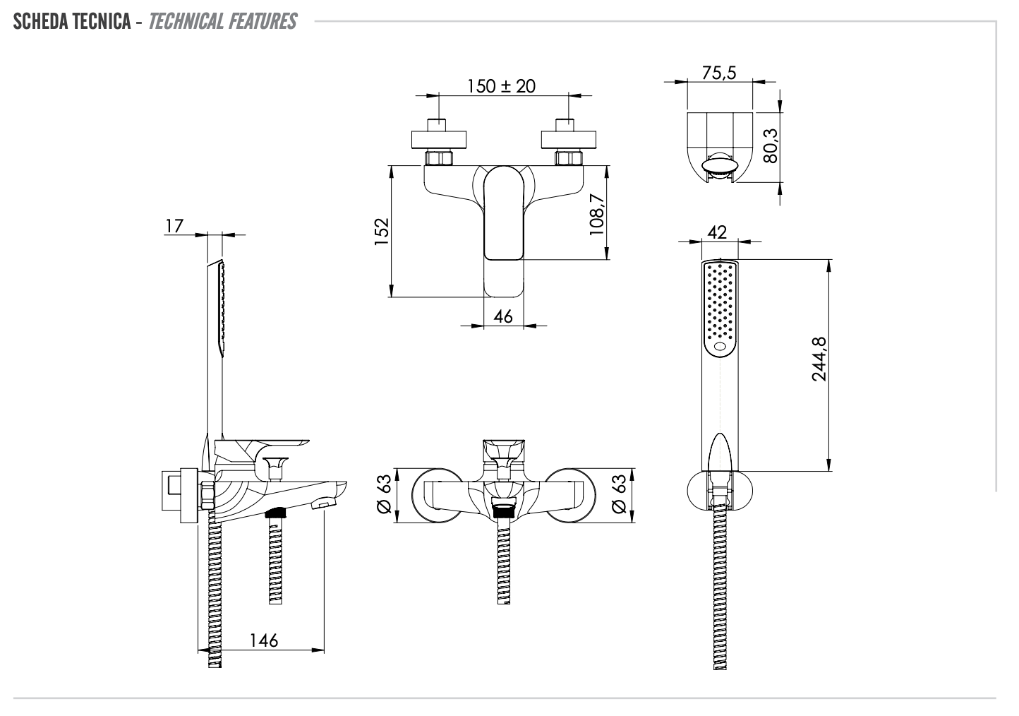 Remer Infinity Смеситель для ванны с душем, лейка, держатель, шланг 150 см, цвет: bianco opaco I02BO