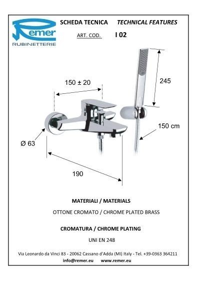 Remer Infinity Смеситель для ванны с душем, лейка, держатель, шланг 150 см, цвет: nichel spazzolato I02NP