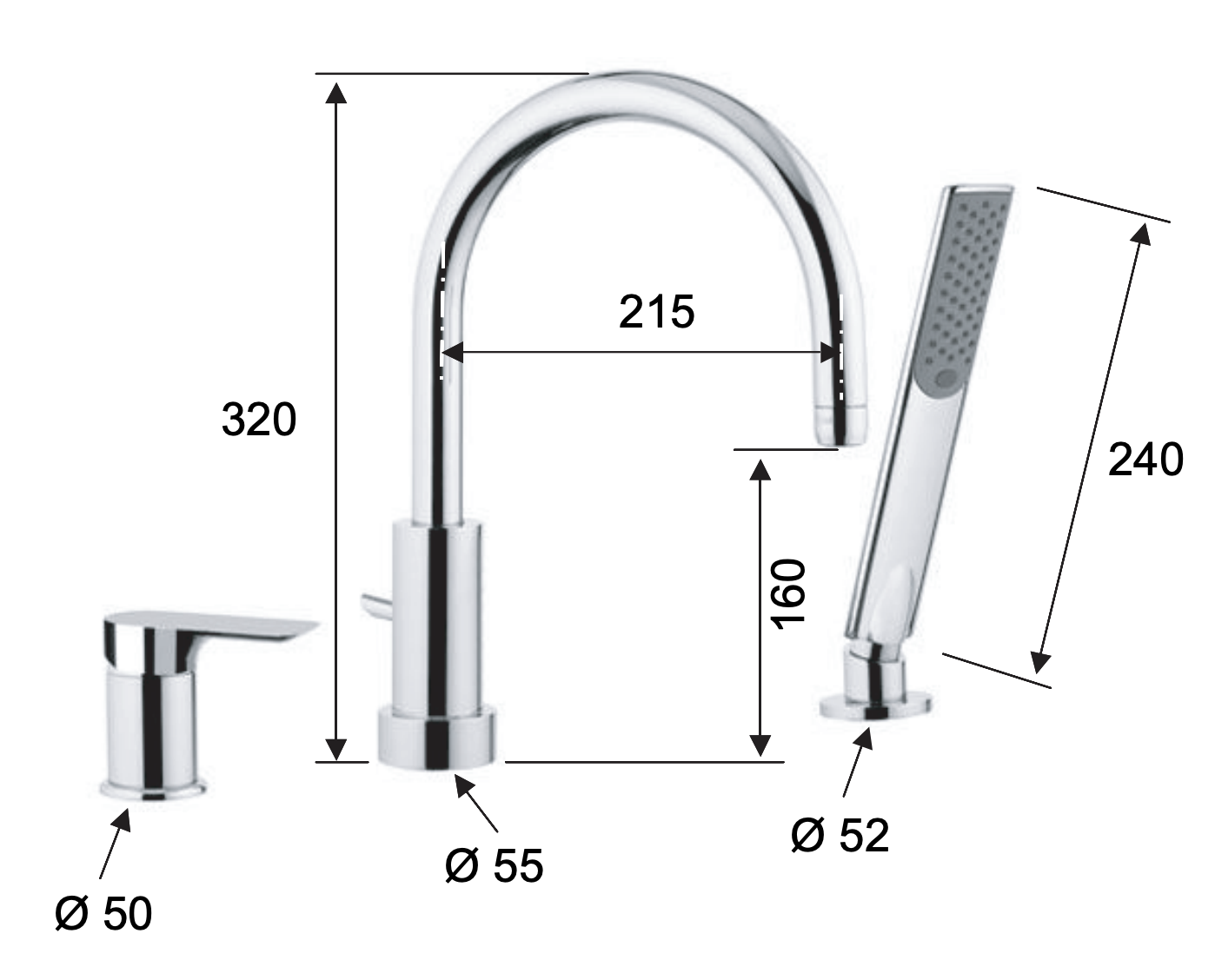 Remer Infinity Смеситель на борт ванны, излив 21,5 см, ручной душ, шланг 150 см, цвет: cromo I07