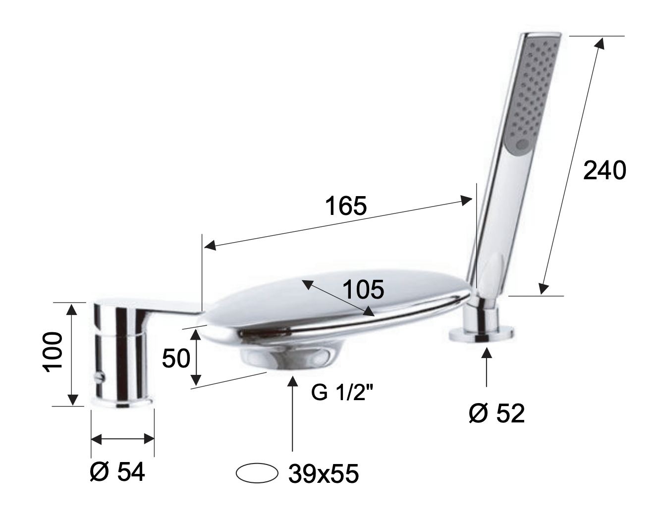 Remer Infinity Смеситель на борт ванны, каскадный излив, лейка, шланг, цвет: nichel spazzolato I07UFNP