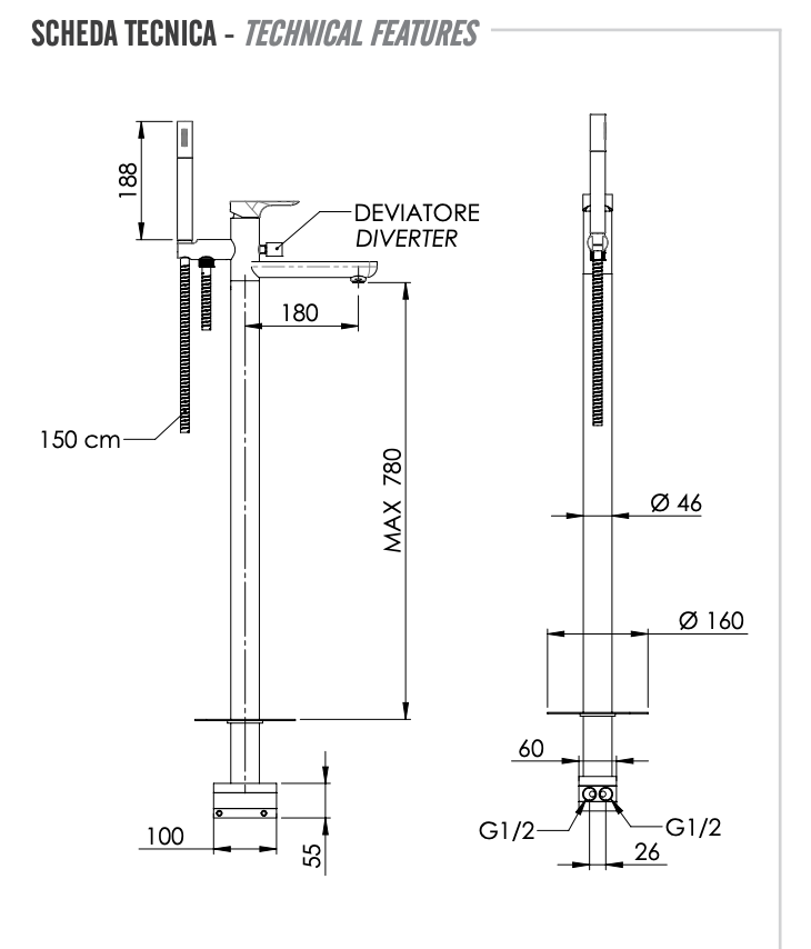 Remer Infinity Смеситель для ванны напольный, со скрытой частью, цвет: nichel spazzolato opaco I08NPO