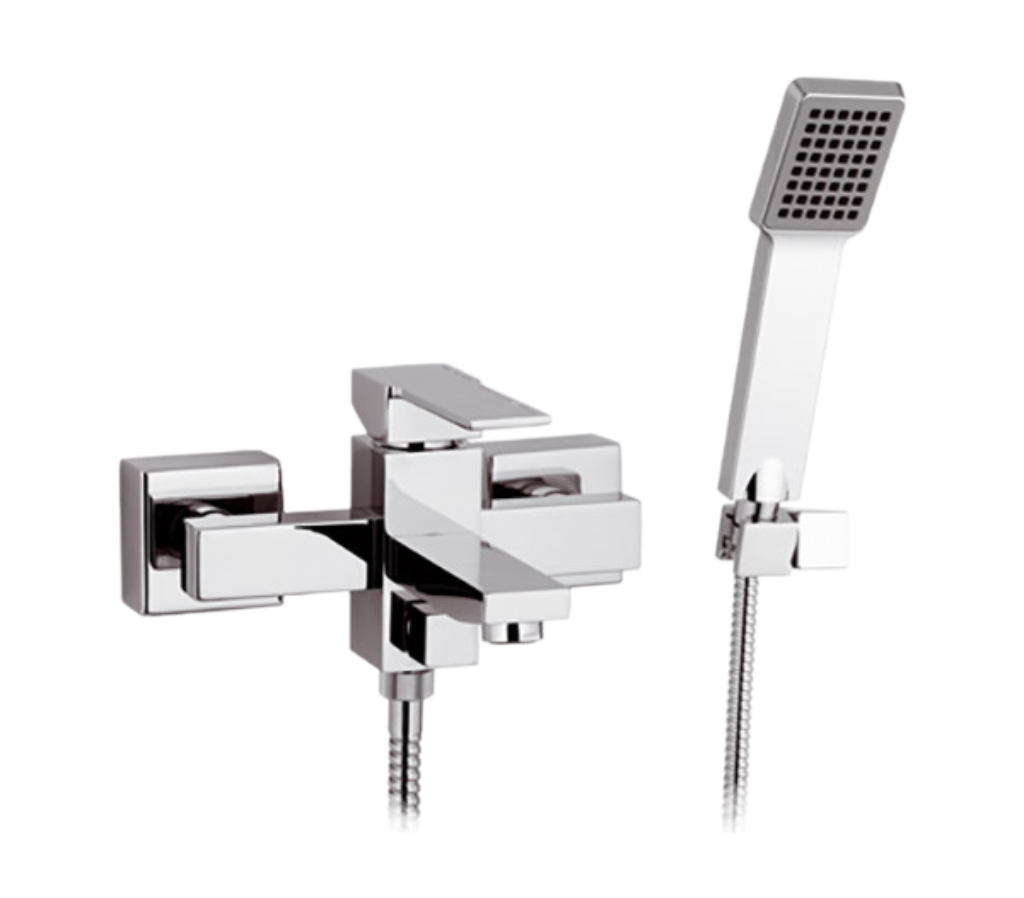 Remer Qubika Смеситель для ванны с душем, излив 14,7 см, лейка, держатель, шланг 150 см, цвет: cromo Q02