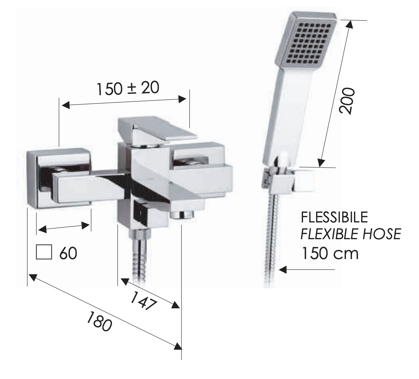 Remer Qubika Смеситель для ванны с душем, излив 14,7 см, лейка, держатель, шланг 150 см, цвет: cromo Q02