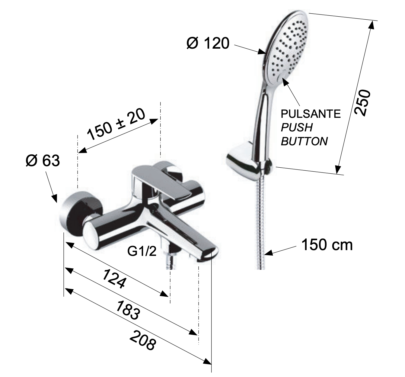 Remer Vanity Смеситель для ванны с душем, лейка 3 вида струи, держатель, шланг 150 см, цвет: cromo V02
