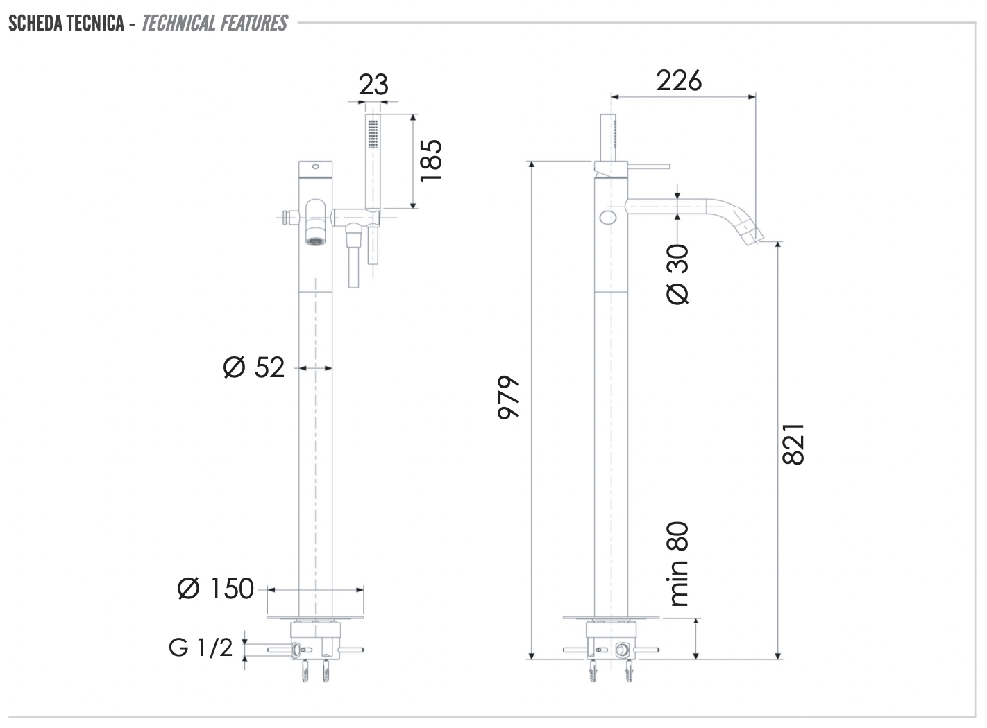 Remer X Style Смеситель для ванны напольный, излив 18 см, со скрытой частью, цвет: inox spazzolato SSX08