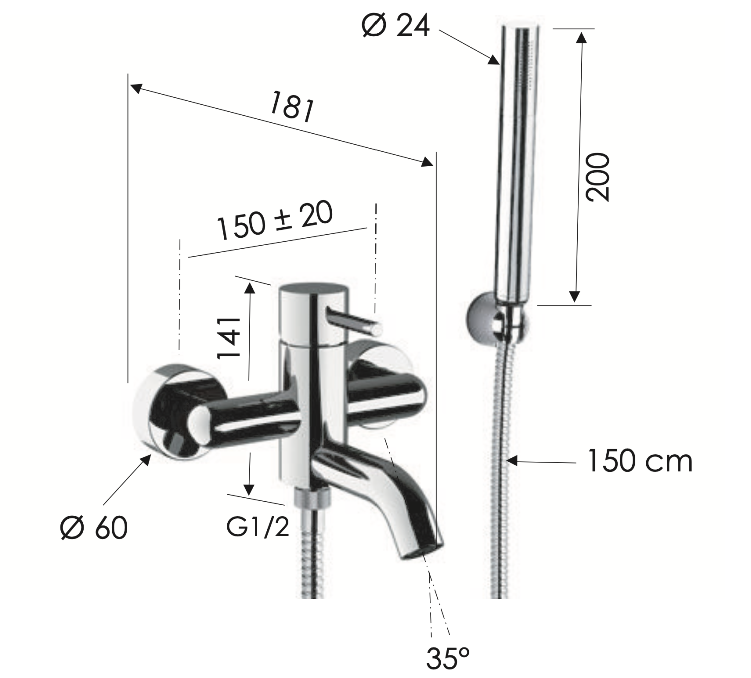 Remer X Style Смеситель для ванны с душем, лейка 1 вид струи, держатель, шланг 150 см, цвет: cromo X02