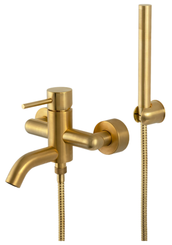 Remer X Style Смеситель для ванны с душем, лейка, держатель, шланг 150 см, цвет: oro spazzolato X02BG