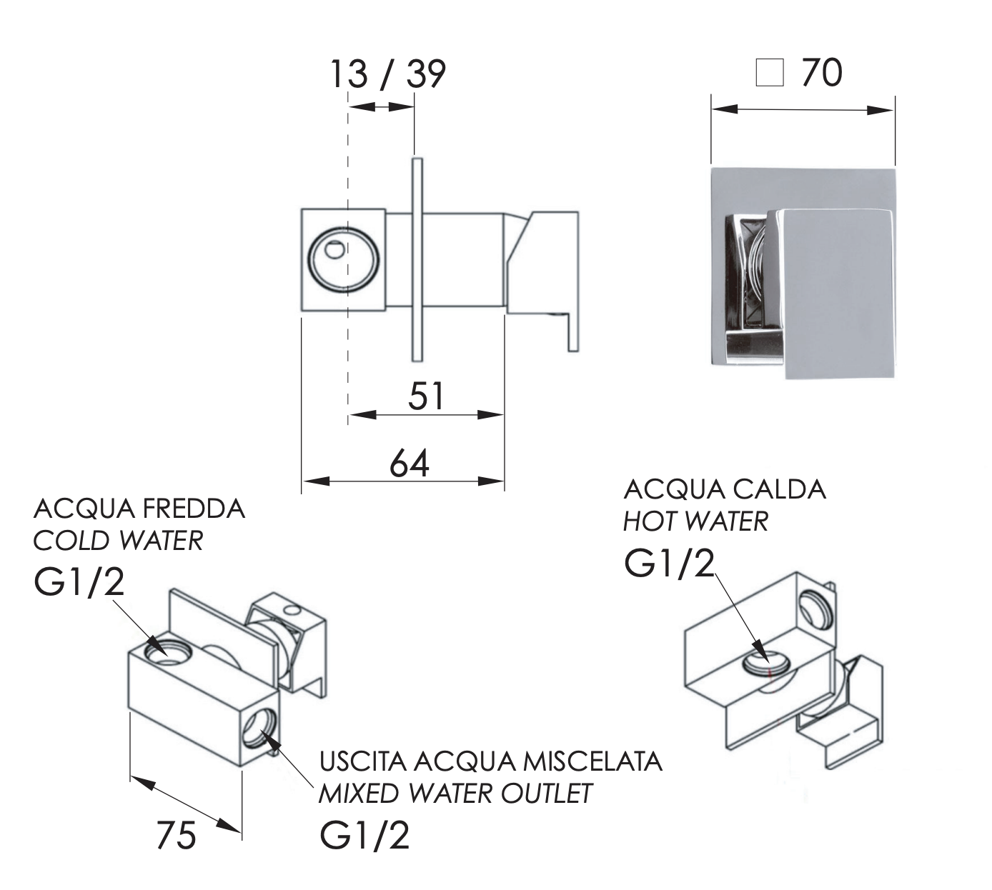 Remer Qubika Смеситель для душа встраиваемый на 1 потребителя, с встраиваемой частью, цвет: cromo Q63